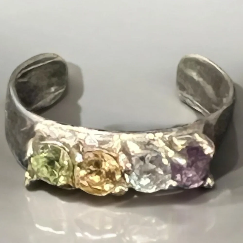 Vintage Sterling Silver Adjustable Rainbow Gemstone Ring Women's Jewelry